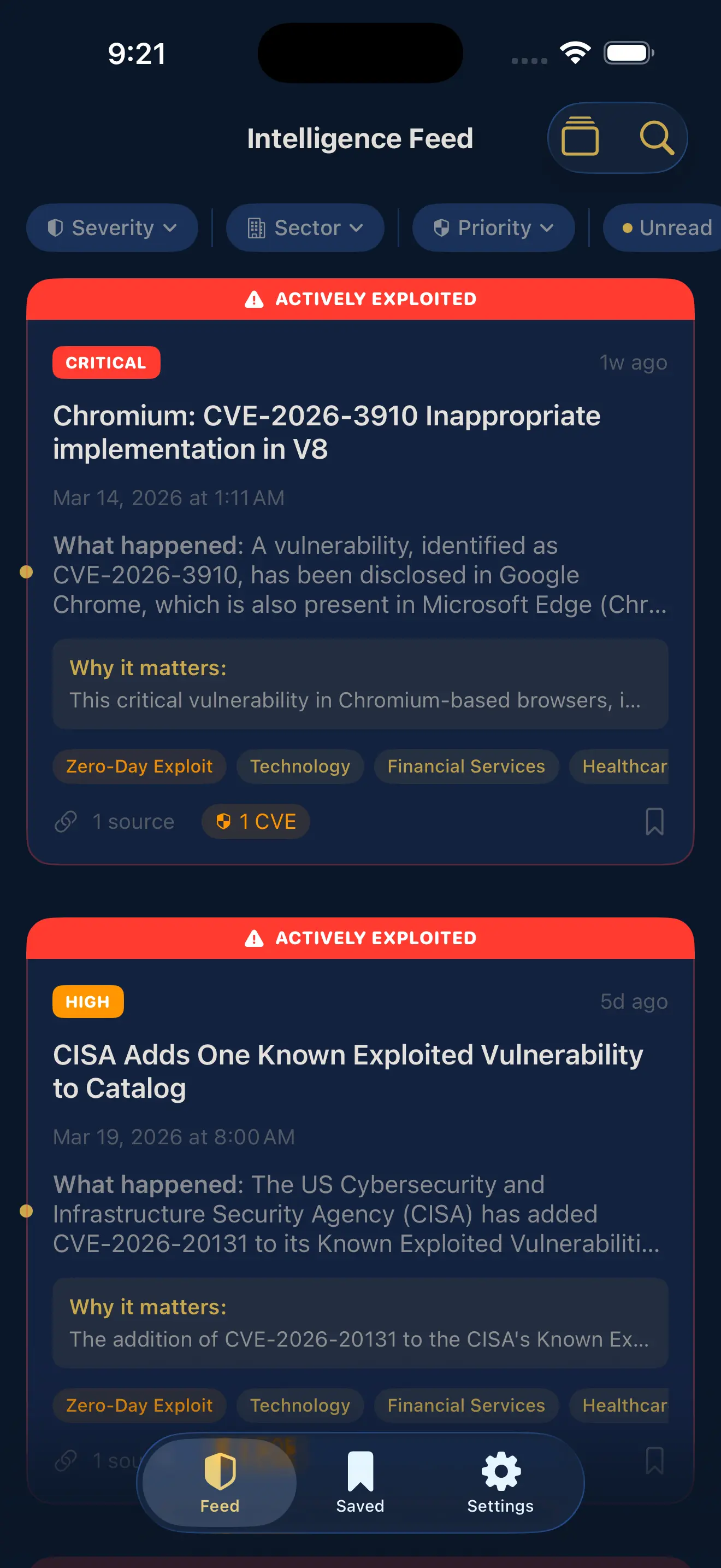 Intel feed showing threat advisories