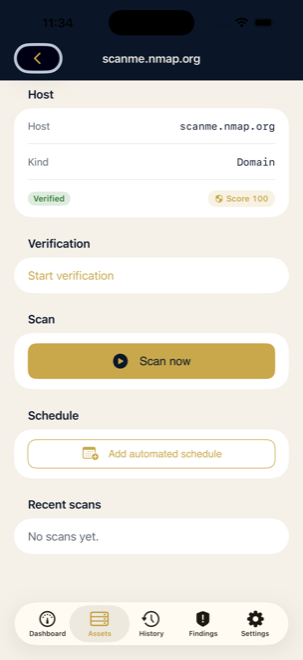 PocketPorts iOS asset detail screen for scanme.nmap.org, showing verified ownership status, a Scan now button, and a schedule option.