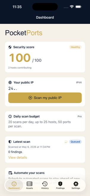 PocketPorts iOS dashboard showing a security score of 100 out of 100, public IP, daily scan budget on the Pro tier, and the latest scan status.