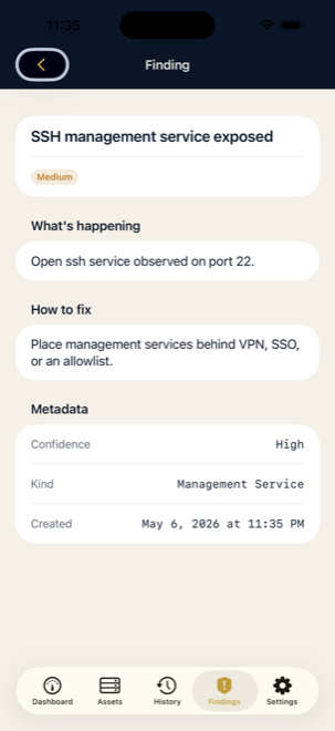 PocketPorts iOS finding detail showing an exposed SSH management service with severity, what's happening, how to fix, and metadata.