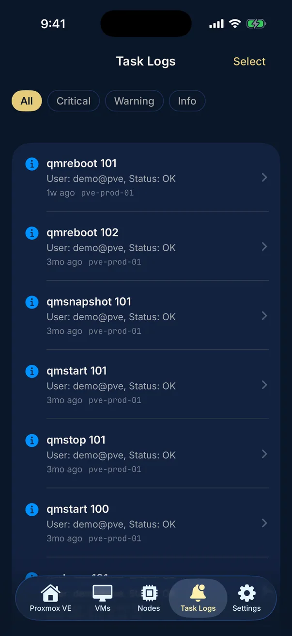 PocketStack task log screen listing recent Proxmox tasks filtered by severity