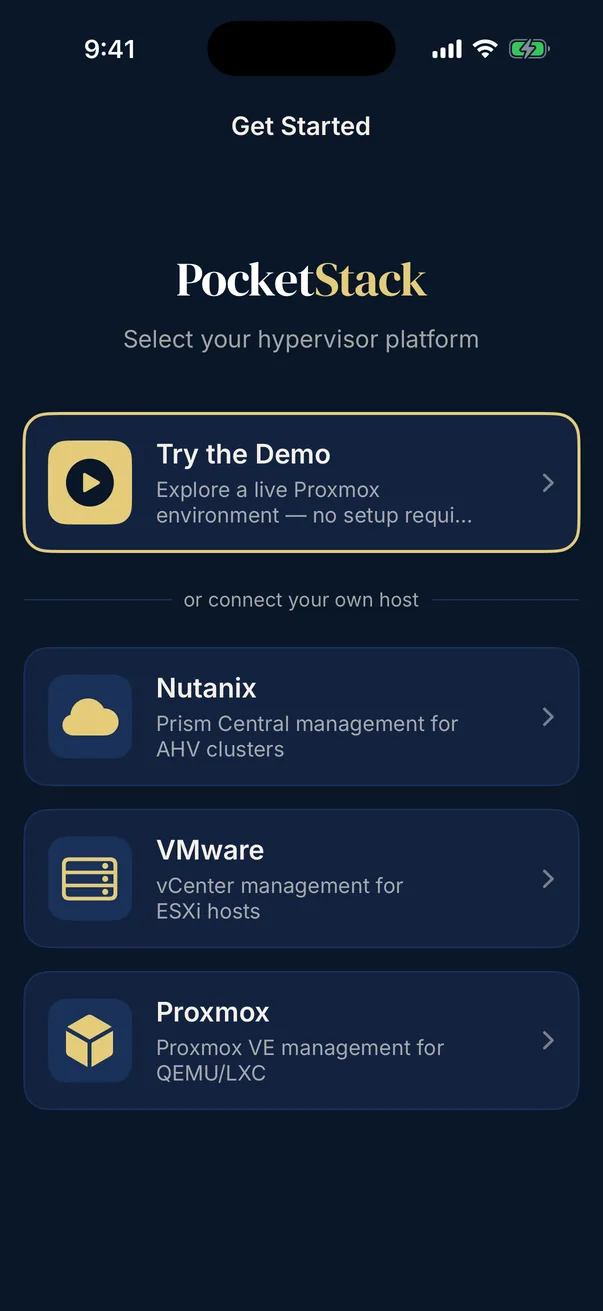 PocketStack setup screen offering a live demo or a connection to Nutanix, VMware or Proxmox