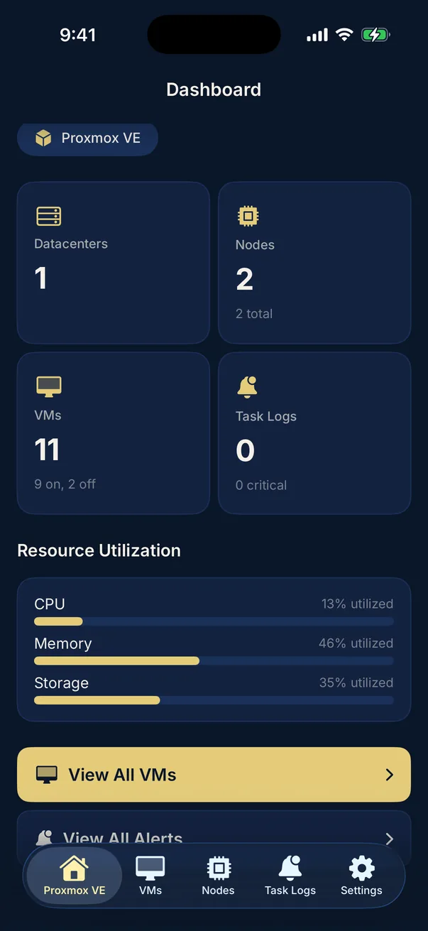 PocketStack dashboard showing datacenter, node and VM counts with CPU, memory and storage utilization