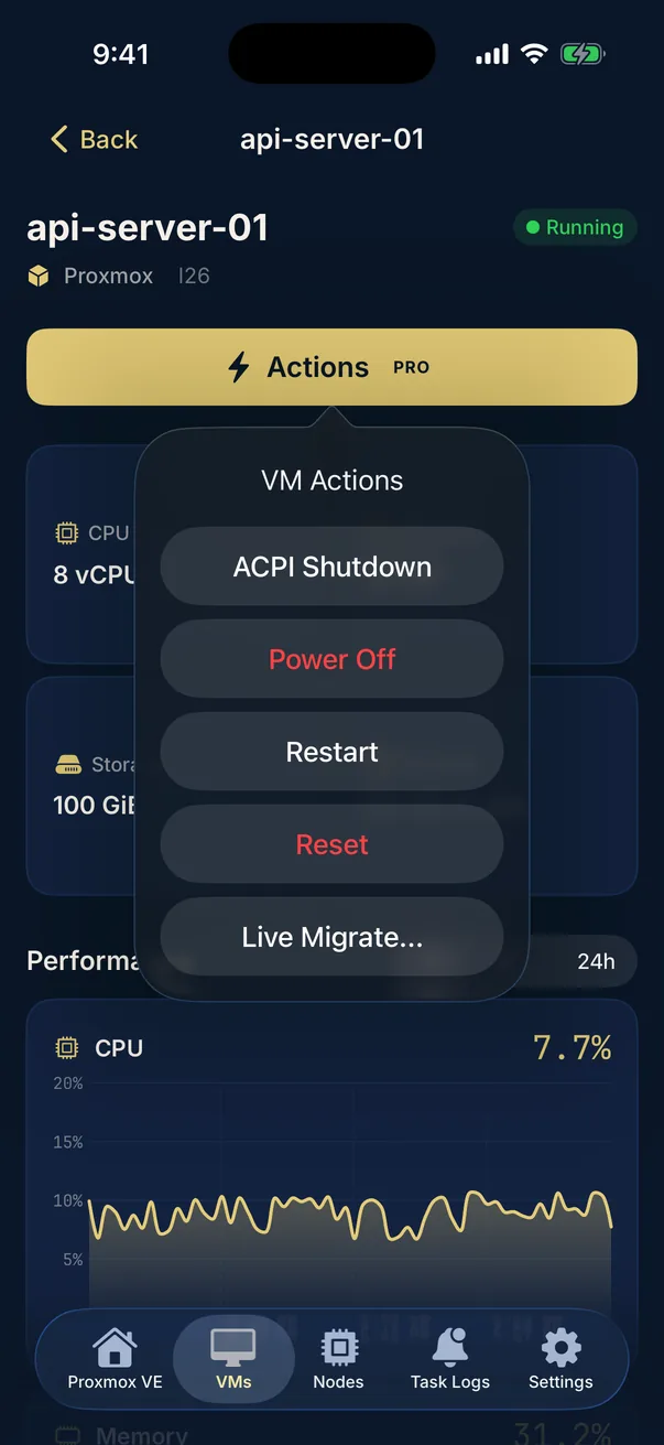 PocketStack VM detail screen showing a running virtual machine with the power actions menu open